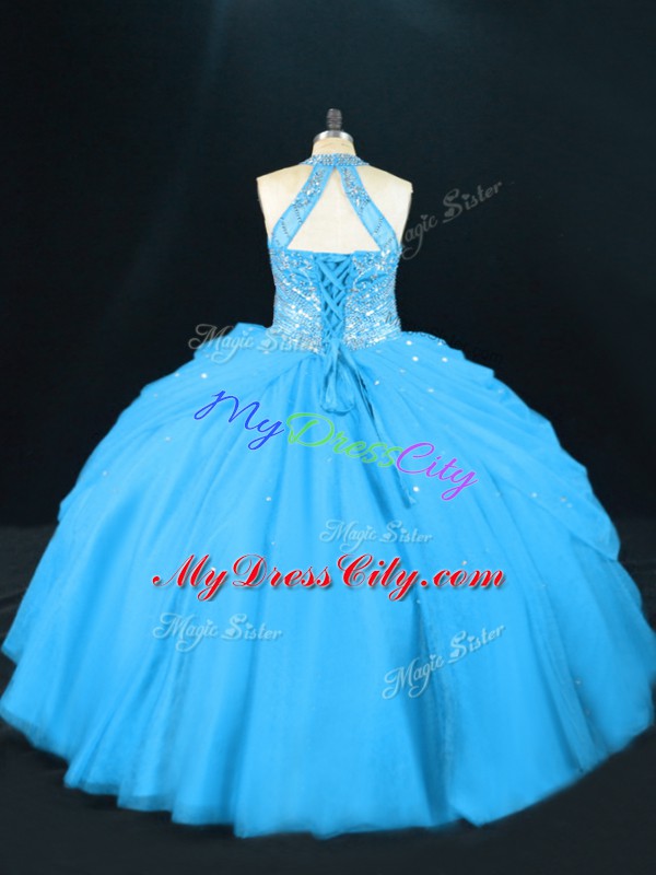 Halter Top Sleeveless Quinceanera Gown Floor Length Beading Aqua Blue Tulle