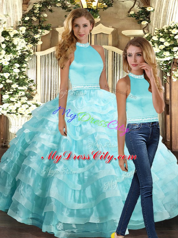 Nice Sleeveless Floor Length Beading and Ruffled Layers Backless Quinceanera Gown with Aqua Blue