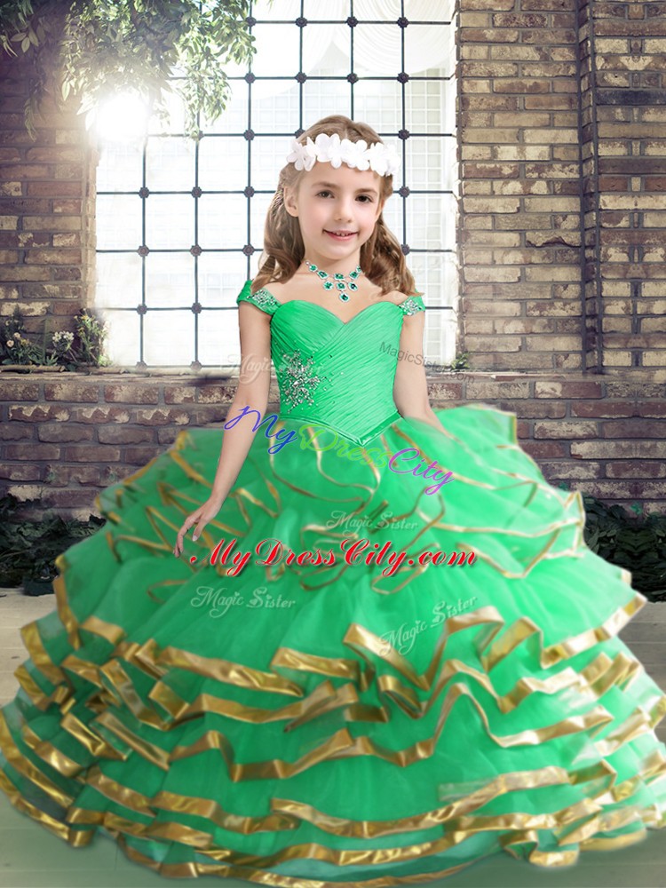 Modern Asymmetrical Lace Up Little Girls Pageant Gowns Apple Green for Party and Wedding Party with Beading and Ruffles