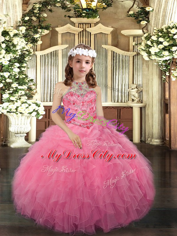 Cheap Floor Length Pink Pageant Dress for Girls Tulle Sleeveless Beading