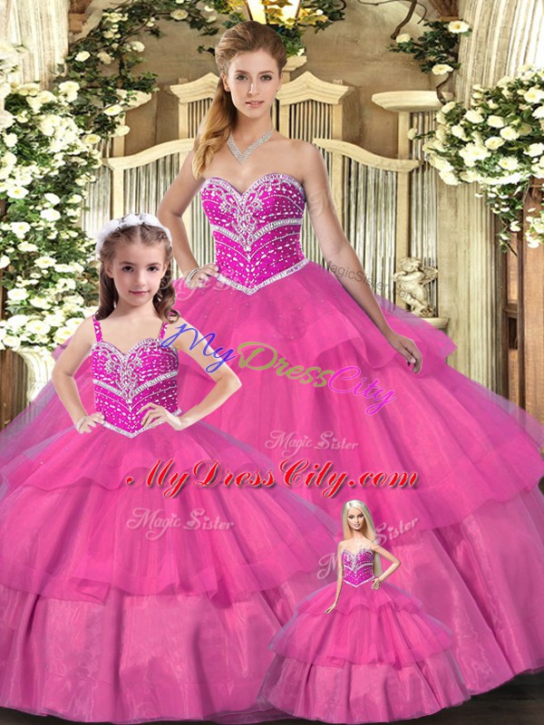 Eye-catching Hot Pink Organza Lace Up Sweetheart Sleeveless Floor Length Quinceanera Dresses Beading