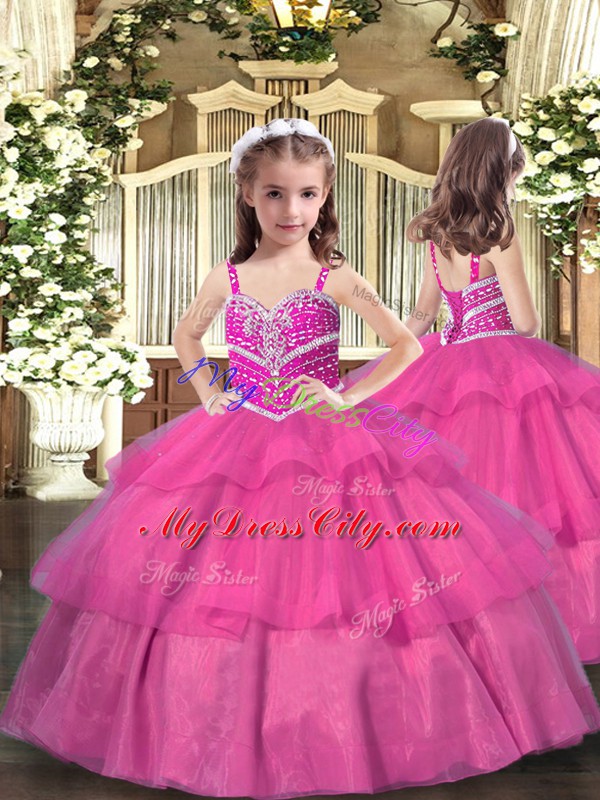 Eye-catching Hot Pink Organza Lace Up Sweetheart Sleeveless Floor Length Quinceanera Dresses Beading