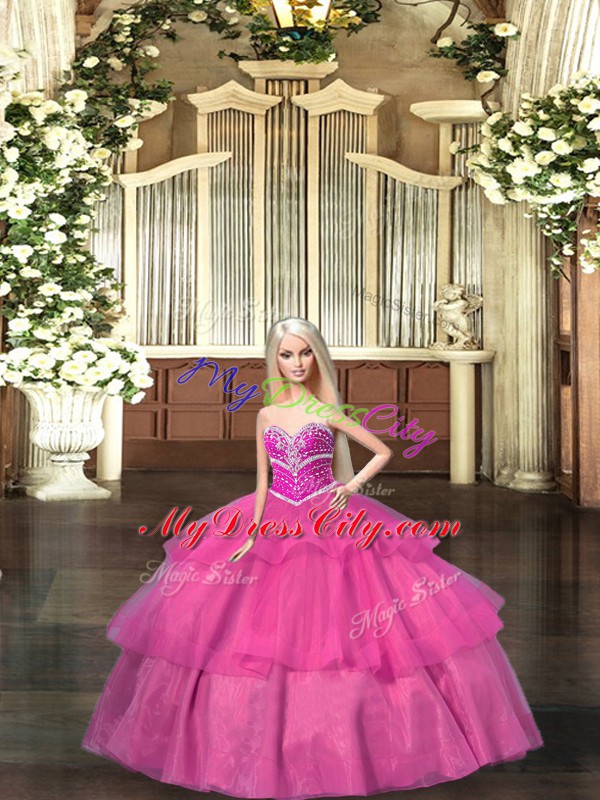 Eye-catching Hot Pink Organza Lace Up Sweetheart Sleeveless Floor Length Quinceanera Dresses Beading