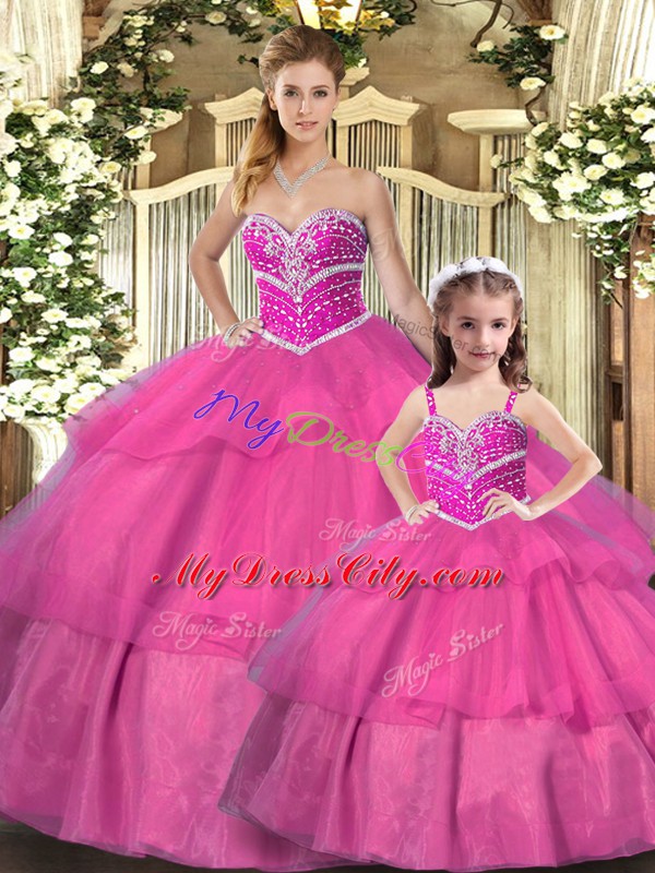 Eye-catching Hot Pink Organza Lace Up Sweetheart Sleeveless Floor Length Quinceanera Dresses Beading