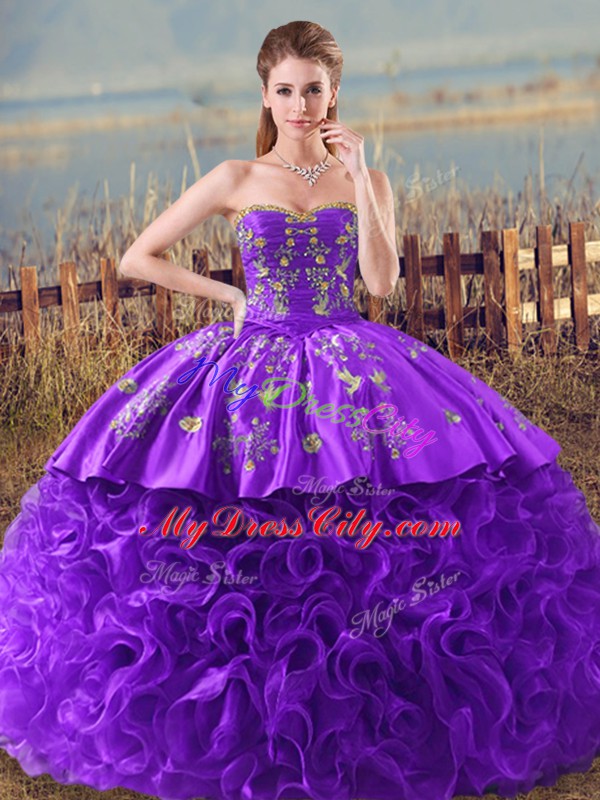 Fantastic Sweetheart Sleeveless Brush Train Lace Up Sweet 16 Dress Purple Fabric With Rolling Flowers