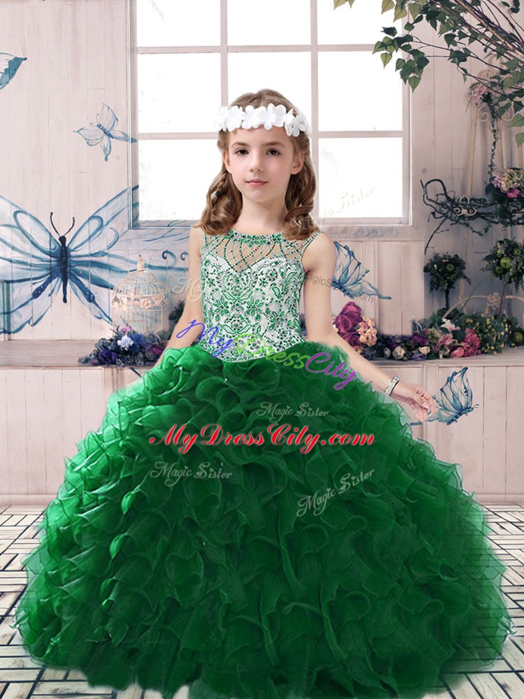 Dark Green Sleeveless Floor Length Beading and Ruffles Lace Up Pageant Dress Wholesale