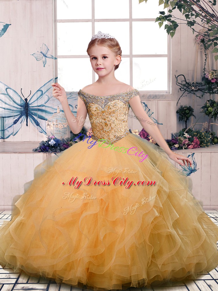 Nice Beading and Ruffles Little Girl Pageant Gowns Gold Lace Up Sleeveless Floor Length