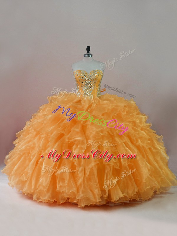 Simple Orange Sleeveless Floor Length Beading and Ruffles Lace Up Quinceanera Gown