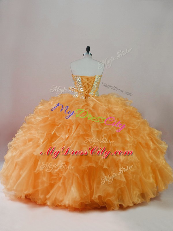 Simple Orange Sleeveless Floor Length Beading and Ruffles Lace Up Quinceanera Gown