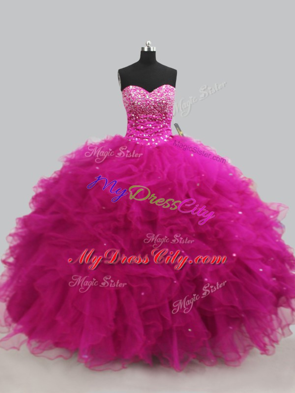 Customized Sweetheart Sleeveless Lace Up Vestidos de Quinceanera Fuchsia Tulle