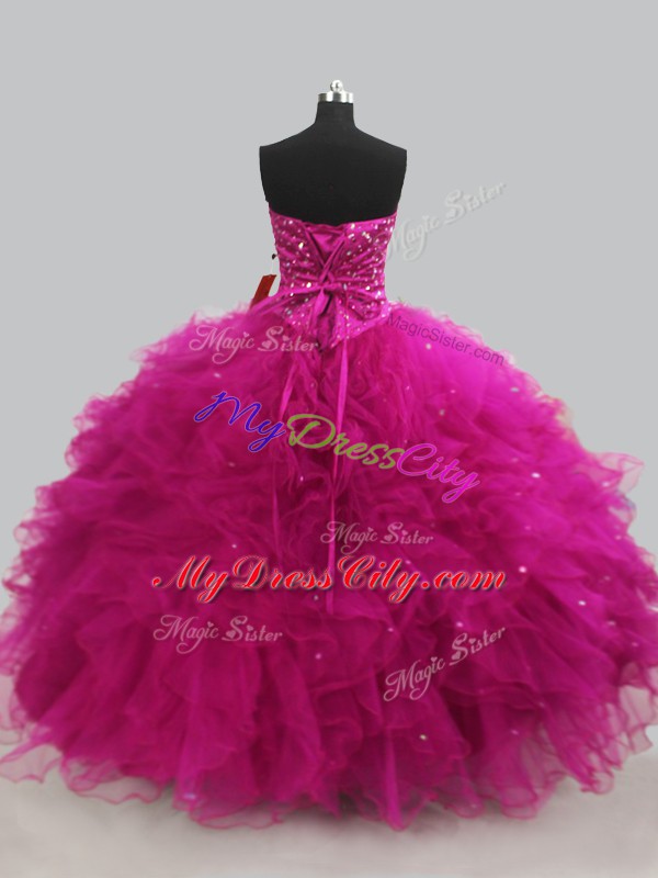 Customized Sweetheart Sleeveless Lace Up Vestidos de Quinceanera Fuchsia Tulle