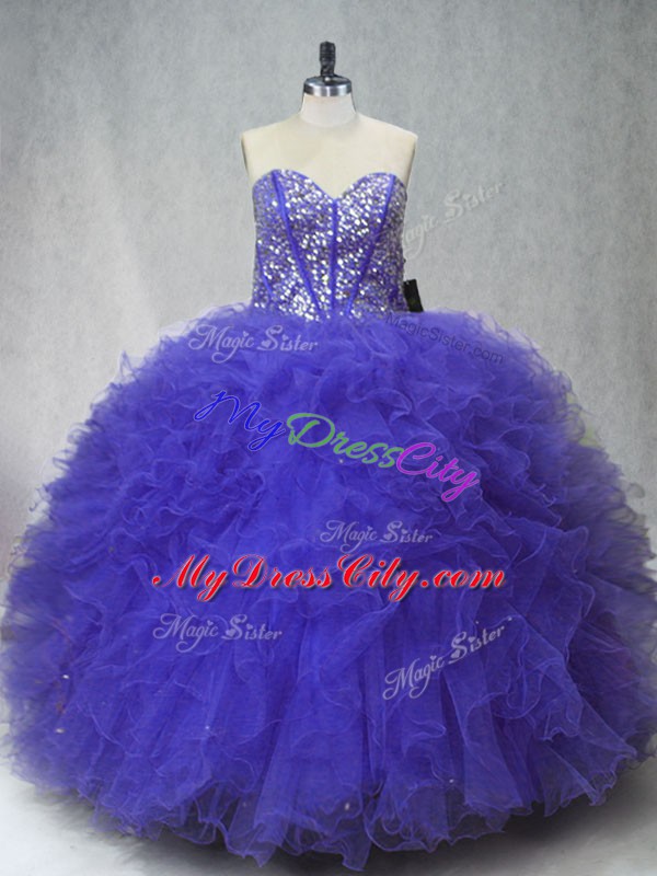 Purple Sweetheart Lace Up Beading and Ruffles Ball Gown Prom Dress Sleeveless