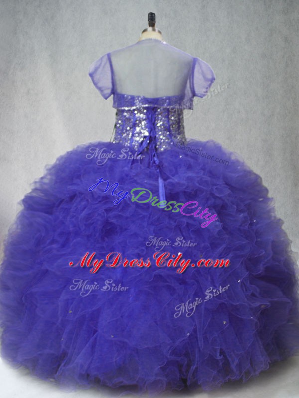 Purple Sweetheart Lace Up Beading and Ruffles Ball Gown Prom Dress Sleeveless