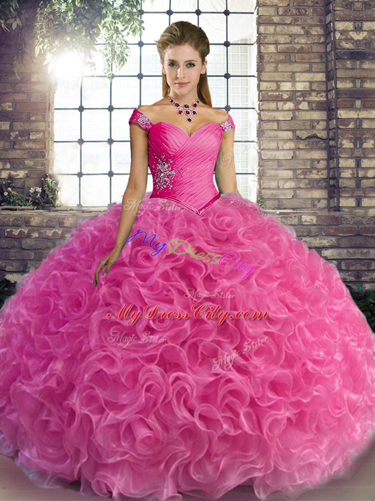 Charming Fabric With Rolling Flowers Off The Shoulder Sleeveless Lace Up Beading Quince Ball Gowns in Rose Pink