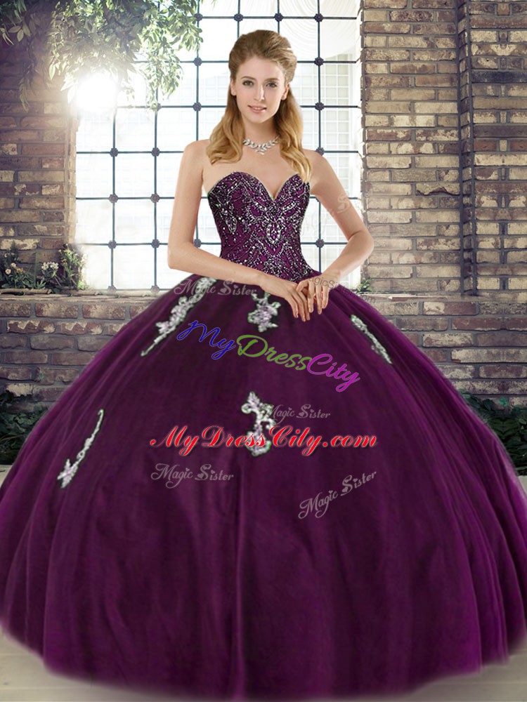 Custom Designed Sleeveless Tulle Floor Length Lace Up Quinceanera Gown in Dark Purple with Beading and Appliques