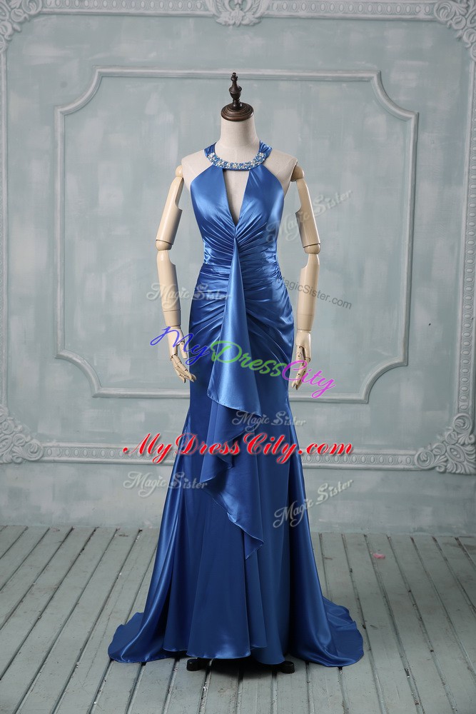 Gorgeous Blue Halter Top Criss Cross Beading and Ruching Prom Gown Brush Train Sleeveless