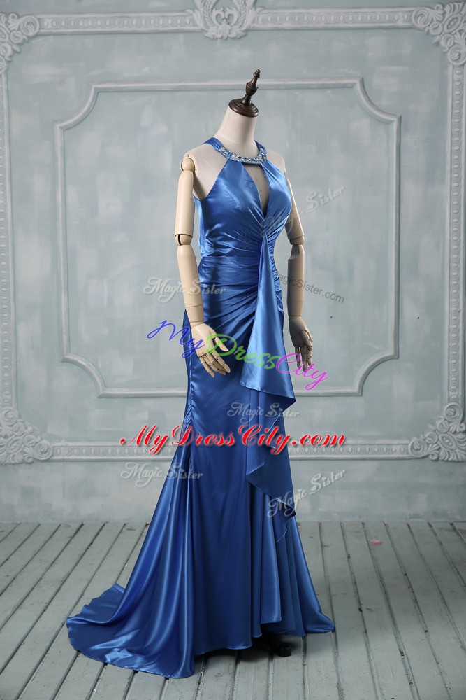 Gorgeous Blue Halter Top Criss Cross Beading and Ruching Prom Gown Brush Train Sleeveless