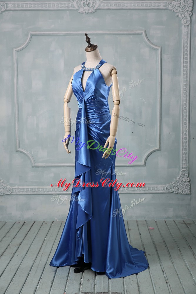 Gorgeous Blue Halter Top Criss Cross Beading and Ruching Prom Gown Brush Train Sleeveless