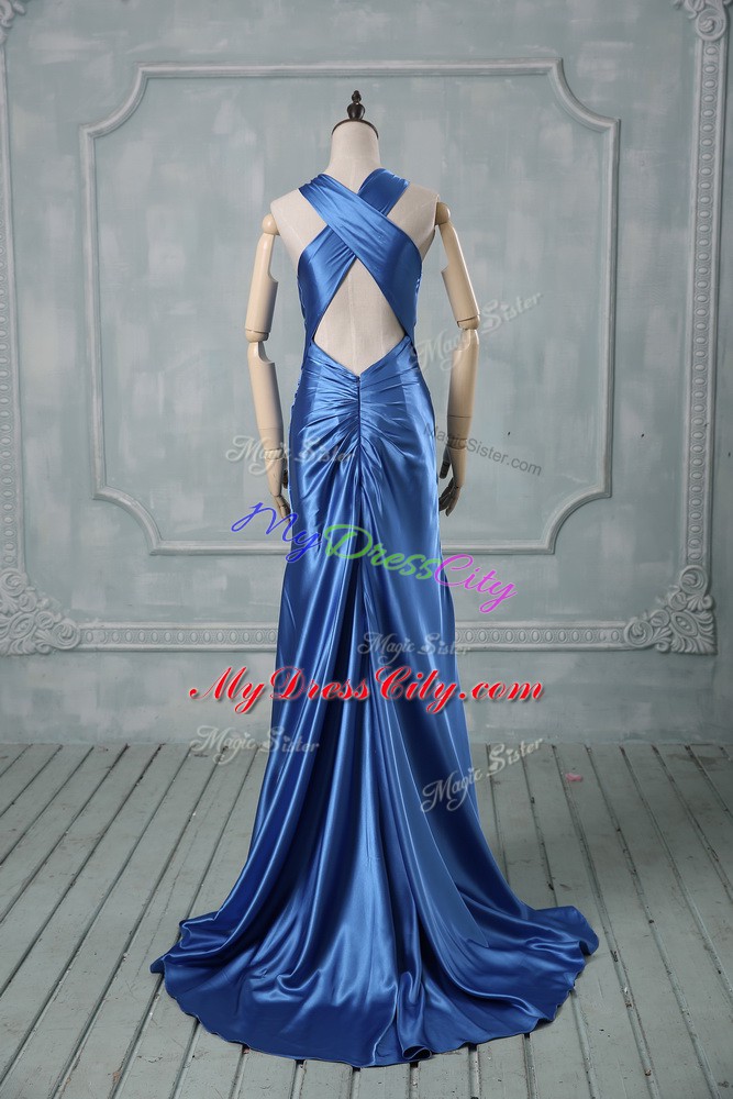 Gorgeous Blue Halter Top Criss Cross Beading and Ruching Prom Gown Brush Train Sleeveless