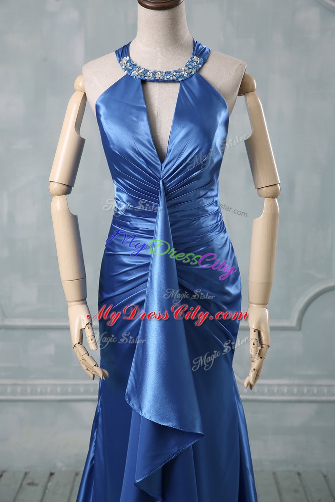 Gorgeous Blue Halter Top Criss Cross Beading and Ruching Prom Gown Brush Train Sleeveless