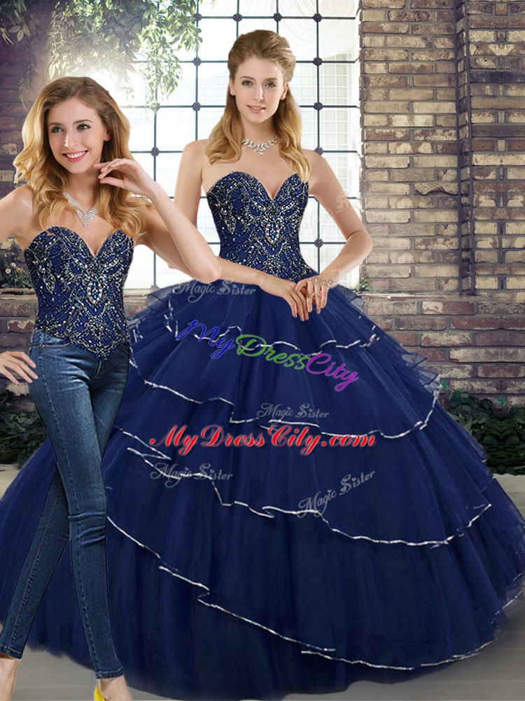 Custom Made Navy Blue Sleeveless Beading and Ruffled Layers Lace Up Quince Ball Gowns