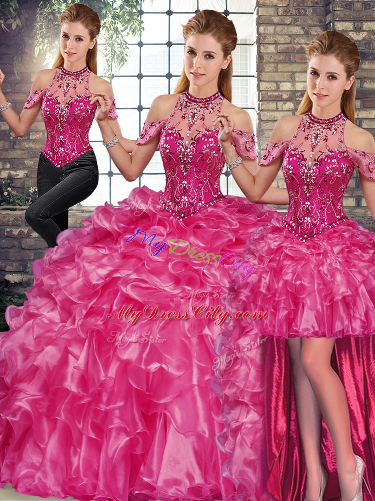 Floor Length Lace Up Sweet 16 Quinceanera Dress Fuchsia for Military Ball and Sweet 16 and Quinceanera with Beading and Ruffles