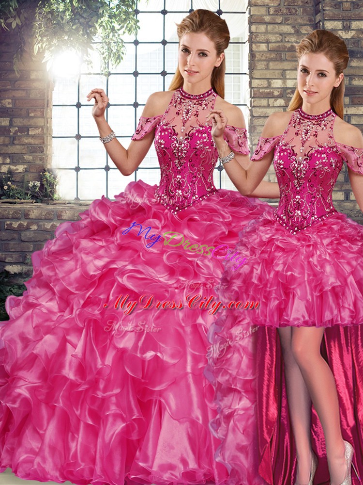 Floor Length Lace Up Sweet 16 Quinceanera Dress Fuchsia for Military Ball and Sweet 16 and Quinceanera with Beading and Ruffles