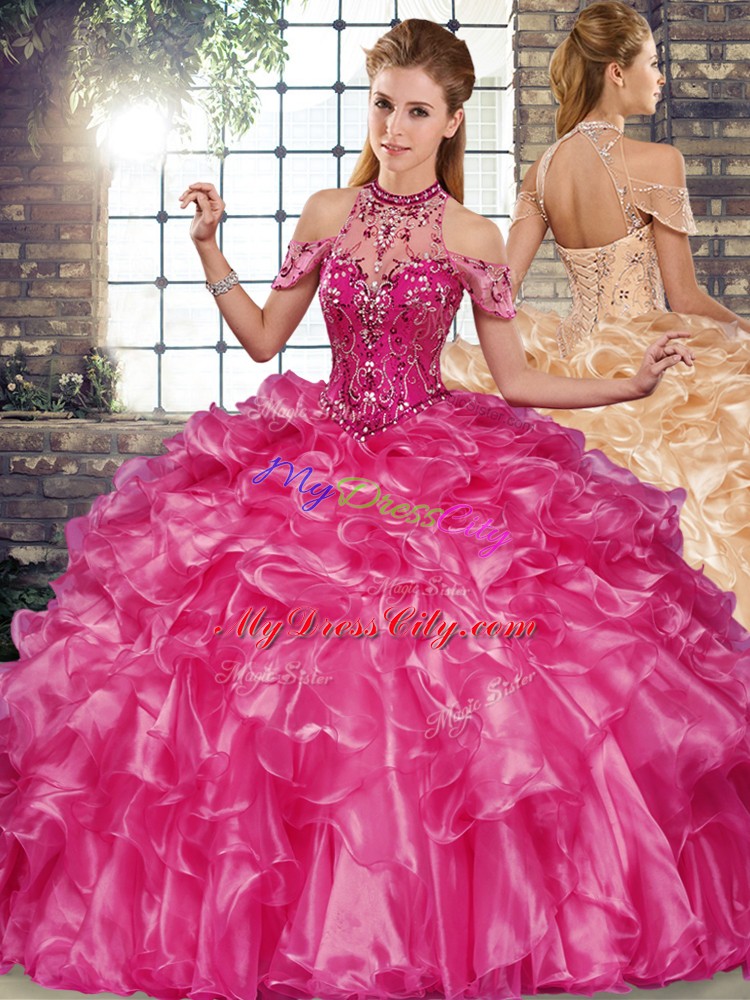 Floor Length Lace Up Sweet 16 Quinceanera Dress Fuchsia for Military Ball and Sweet 16 and Quinceanera with Beading and Ruffles