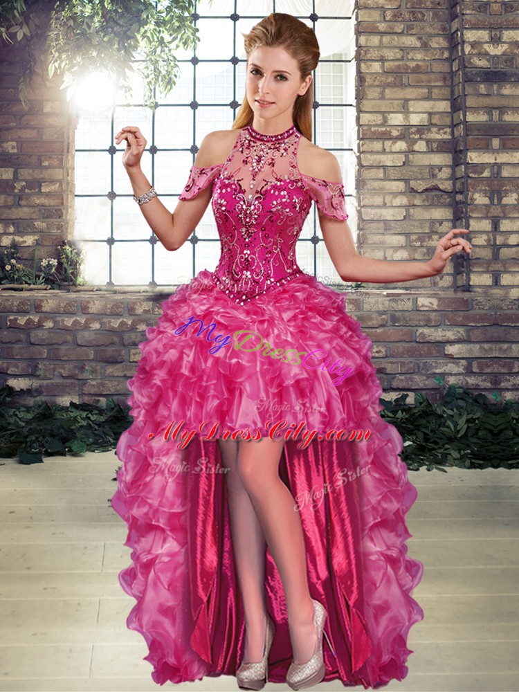 Floor Length Lace Up Sweet 16 Quinceanera Dress Fuchsia for Military Ball and Sweet 16 and Quinceanera with Beading and Ruffles