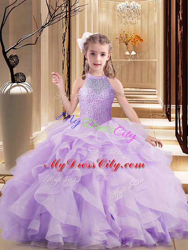 High-neck Sleeveless Tulle Pageant Gowns For Girls Beading and Ruffles Lace Up