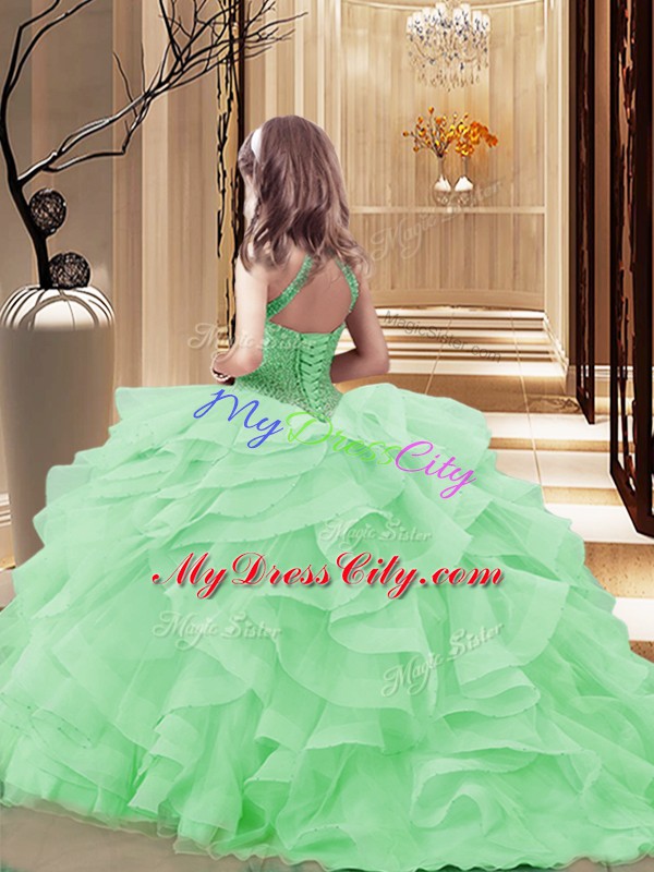 High-neck Sleeveless Tulle Pageant Gowns For Girls Beading and Ruffles Lace Up