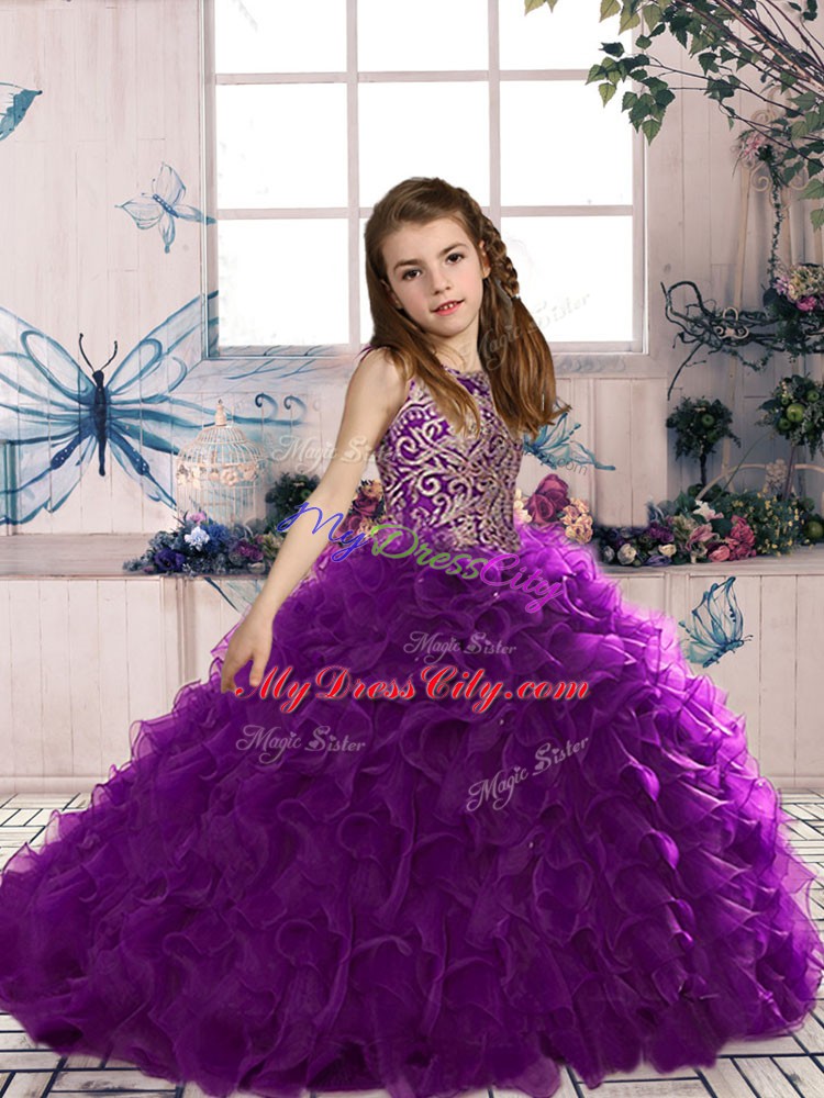 Floor Length Eggplant Purple Child Pageant Dress Scoop Sleeveless Lace Up