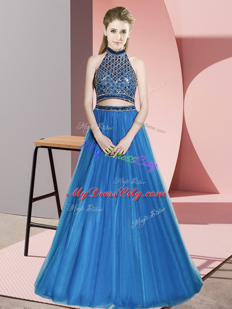 Halter Top Sleeveless Backless Evening Outfits Blue Tulle