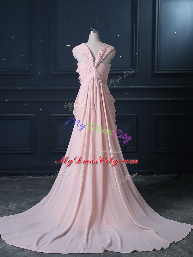 Glorious Pink Sleeveless Ruching Zipper Prom Party Dress