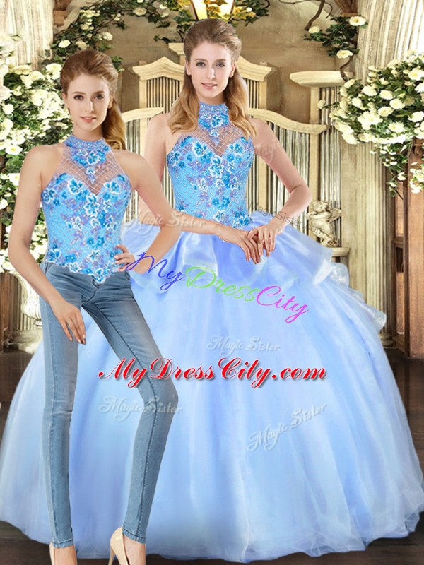 Elegant Halter Top Sleeveless Sweet 16 Dresses Floor Length Embroidery Blue Organza