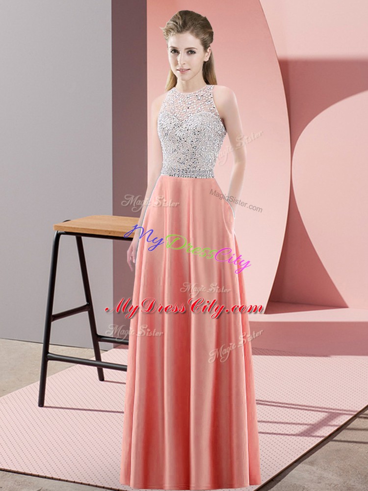 Charming Watermelon Red Sleeveless Beading Floor Length Cocktail Dress