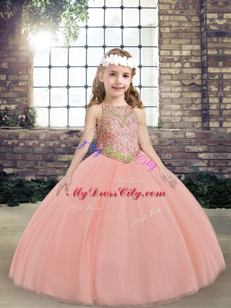 Latest Peach Tulle Lace Up Little Girls Pageant Dress Wholesale Sleeveless Floor Length Beading