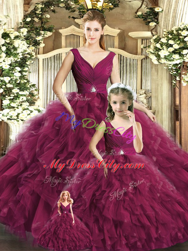 Wonderful Tulle V-neck Sleeveless Backless Beading and Ruffles Sweet 16 Dresses in Burgundy