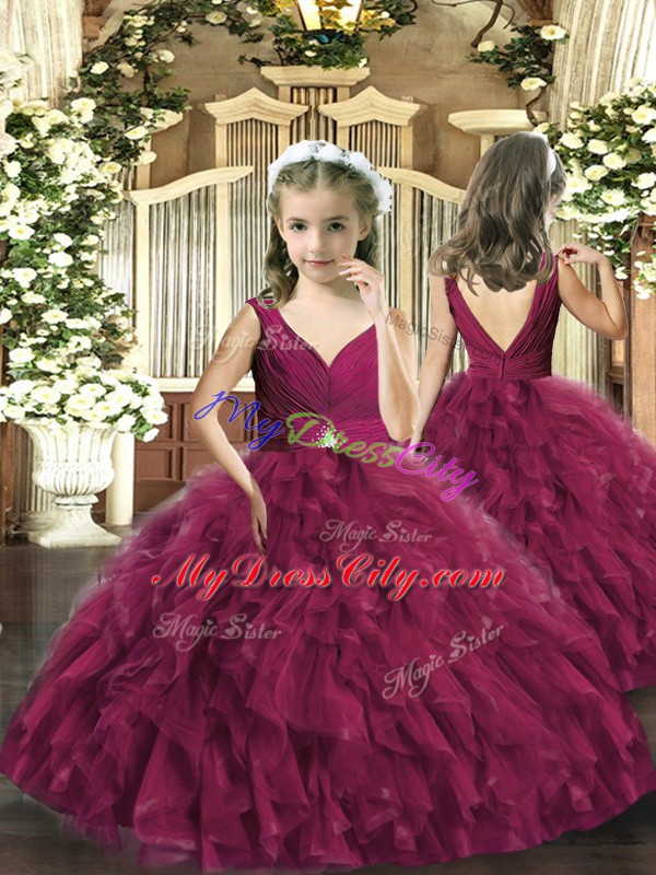 Wonderful Tulle V-neck Sleeveless Backless Beading and Ruffles Sweet 16 Dresses in Burgundy