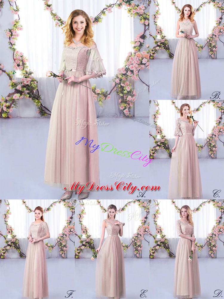 Pink Half Sleeves Lace and Belt Floor Length Dama Dress