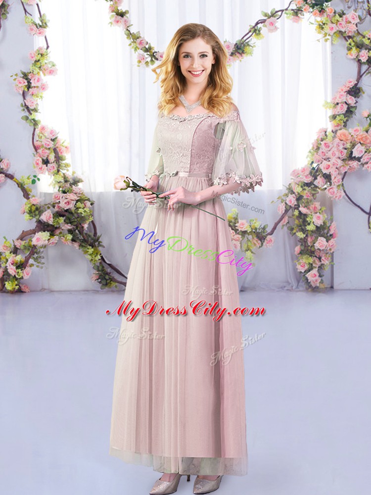 Pink Half Sleeves Lace and Belt Floor Length Dama Dress