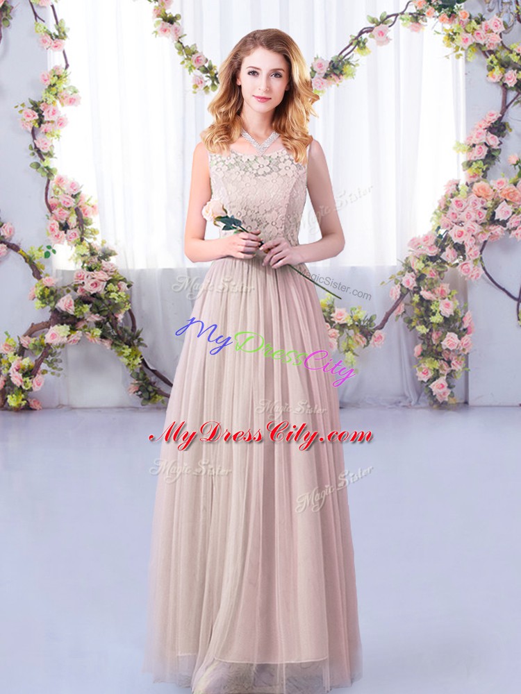 Pink Half Sleeves Lace and Belt Floor Length Dama Dress