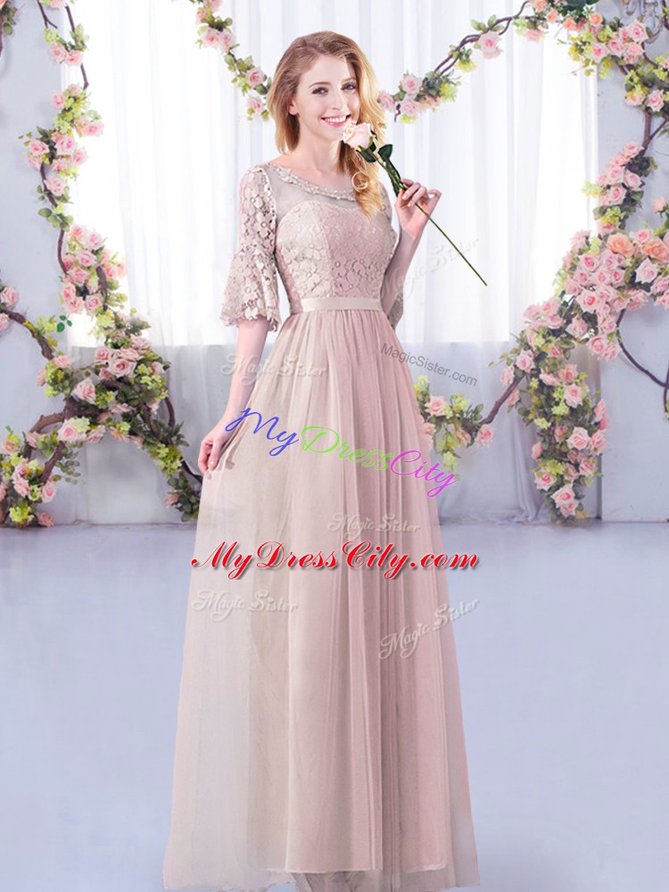 Pink Half Sleeves Lace and Belt Floor Length Dama Dress