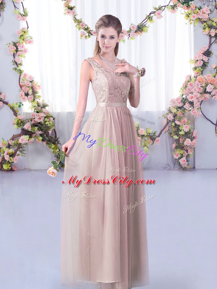 Pink Half Sleeves Lace and Belt Floor Length Dama Dress