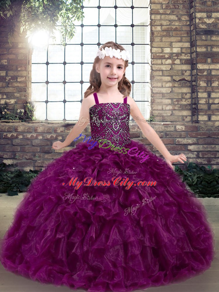 Inexpensive Floor Length Lace Up Custom Made Pageant Dress Fuchsia for Party and Wedding Party with Beading and Ruffles