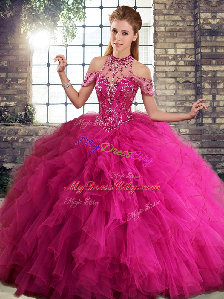 Hot Sale Fuchsia Lace Up Halter Top Beading and Ruffles Ball Gown Prom Dress Tulle Sleeveless