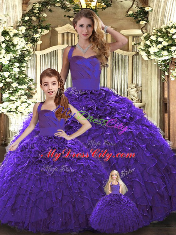 Artistic Purple Lace Up Halter Top Ruffles Quinceanera Dress Organza Sleeveless