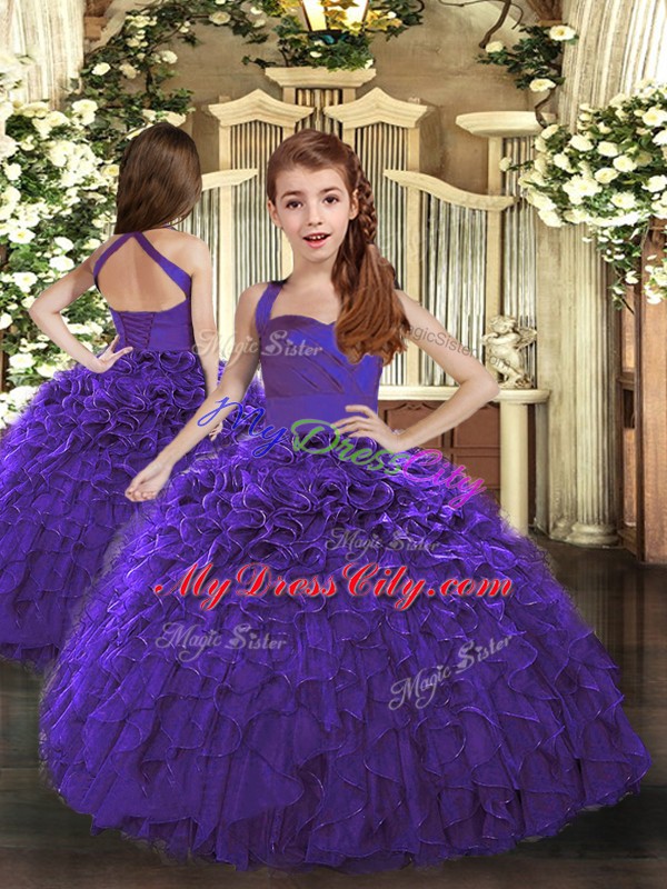 Artistic Purple Lace Up Halter Top Ruffles Quinceanera Dress Organza Sleeveless