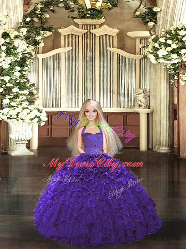 Artistic Purple Lace Up Halter Top Ruffles Quinceanera Dress Organza Sleeveless