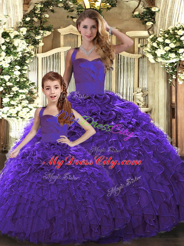 Artistic Purple Lace Up Halter Top Ruffles Quinceanera Dress Organza Sleeveless